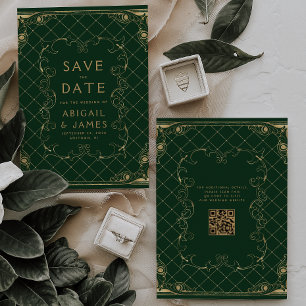 Vintage Frame Green Gold Wedding Save the Date Invitation