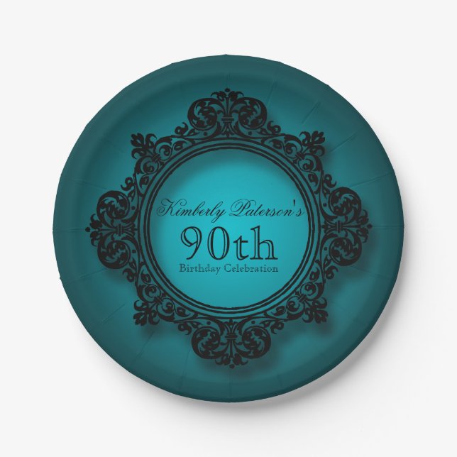 Vintage Frame in Blue - 90th Birthday Paper Plates (Front)