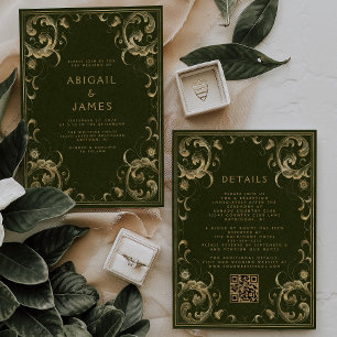 Vintage Frame Olive Green Gold QR Code Wedding Invitation