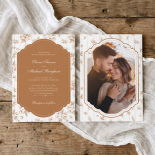 Vintage Frame Orange French Toile Photo Wedding Invitation