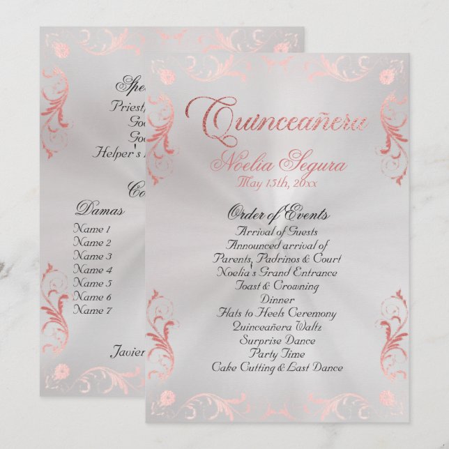 Vintage Frame Quinceanera Program - Pear/Rose Gold Programme (Front/Back)