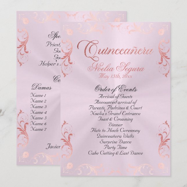 Vintage Frame Quinceanera Program - Pink/Rose Gold Programme (Front/Back)