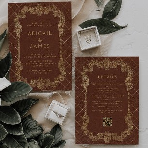 Vintage Frame Rust Gold QR Code Wedding Invitation