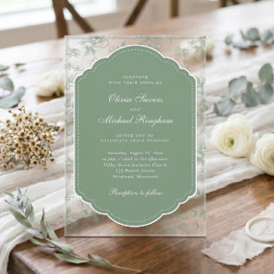 Vintage Frame Sage Green Toile Photo Wedding Acrylic Invitations