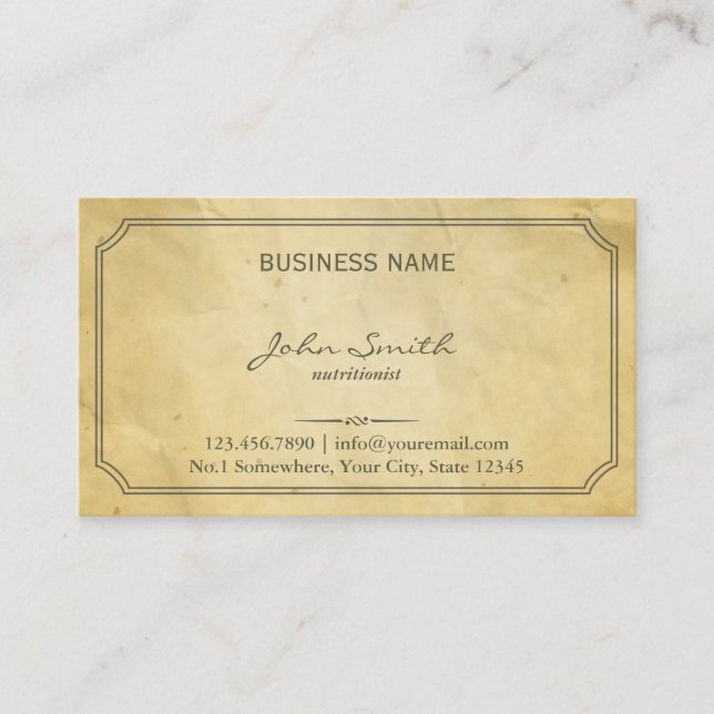 Vintage Framed Old Paper Nutrition Business Card (Front)
