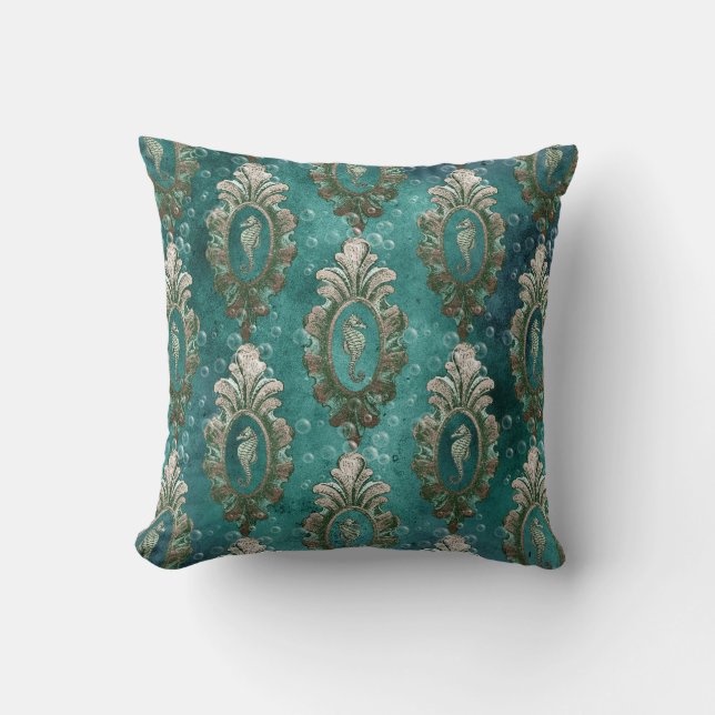 Vintage Framed Seahorses on Light Green Cushion (Front)