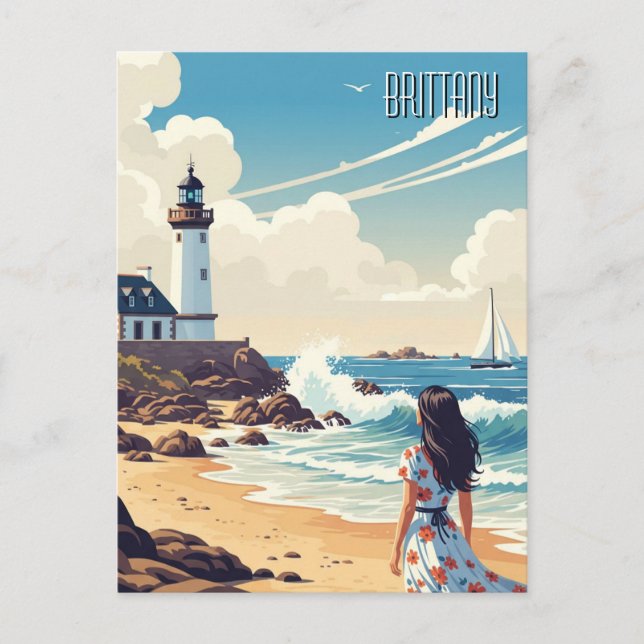 Vintage France Brittany Beach Lighthouse Postcard (Front)