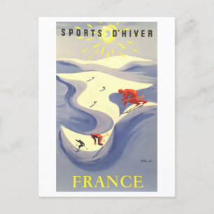 Vintage France Travel Poster for Skiing Postcard