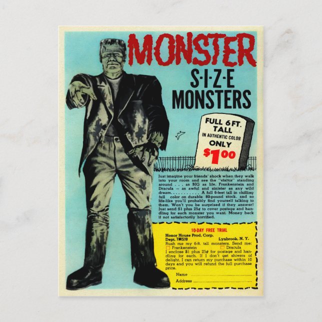 Vintage Frankenstein Mail Order Advertisement Postcard (Front)