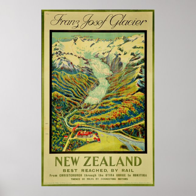 Vintage Franz Josef Glacier New Zealand Travel Poster (Front)
