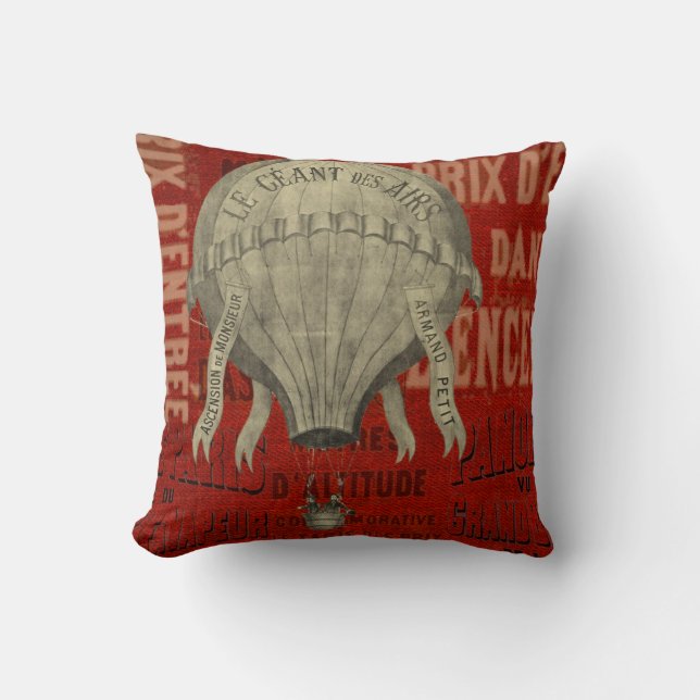 Vintage French Air Balloon Throw Pillow (Front)