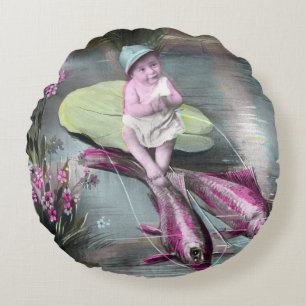 Vintage French April Fool Postcard Round Cushion