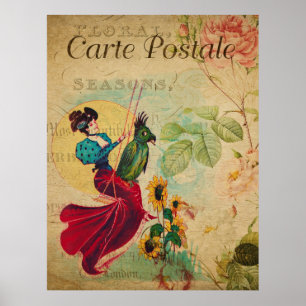 Vintage French Art Print, Retro Woman And Bird Poster