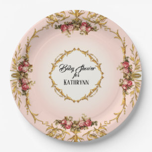 Vintage French Baby Shower Roses n Baroque Scrolls Paper Plate