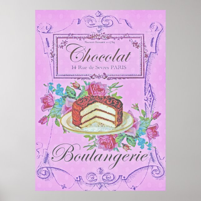 Vintage French Bakery Chocolate Cake Advert Poster (Front)