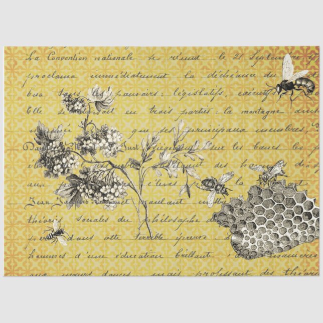 Vintage French Bee and Flower Decoupage Tissue Paper (Front)