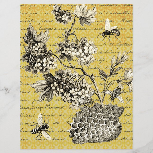 Vintage French Bee and Flowers Scrapbook Paper (Front)