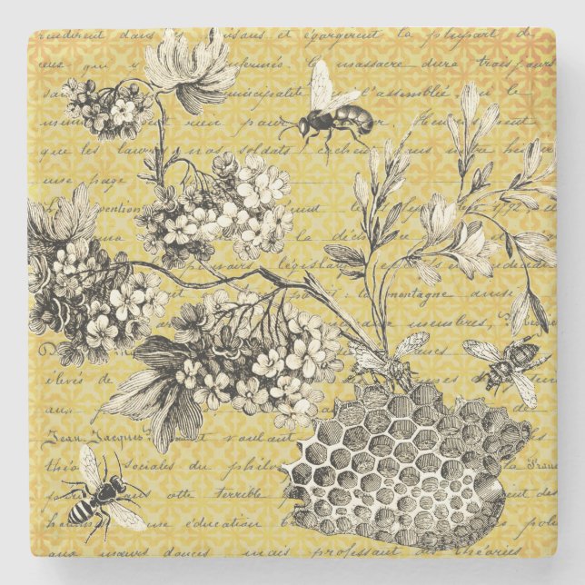 Vintage French Bee and Flowers  Stone Coaster (Front)