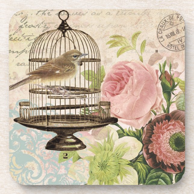 Vintage French bird and birdcage coasters (Front)