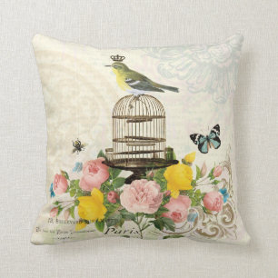 Vintage French bird and birdcage pillow