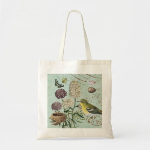 Vintage French bird and floral tote bag