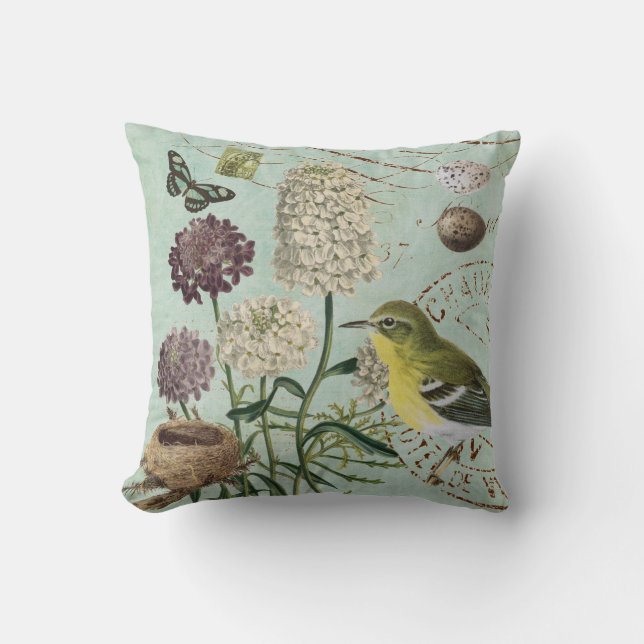 Vintage French bird and nature pillow (Front)
