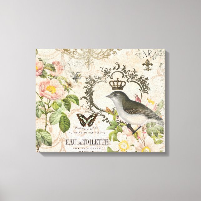Vintage French bird with crown stretched canvas Print (Front)