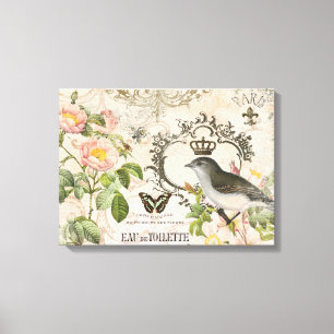 Vintage French bird with crown stretched canvas Print