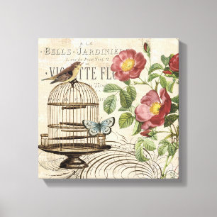 Vintage French birdcage stretched canvas