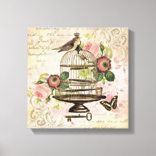 Vintage French birdcage stretched canvas