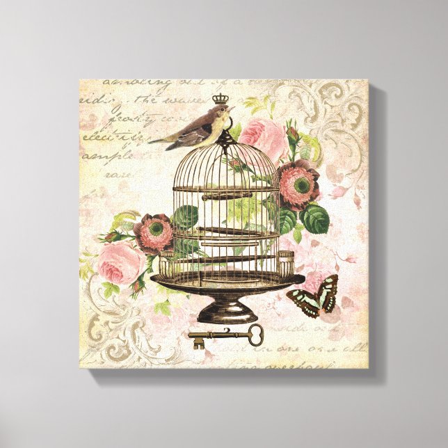 Vintage French birdcage stretched canvas (Front)