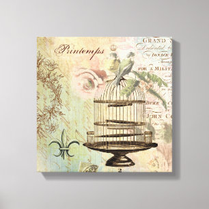 Vintage French birdcage stretched canvas