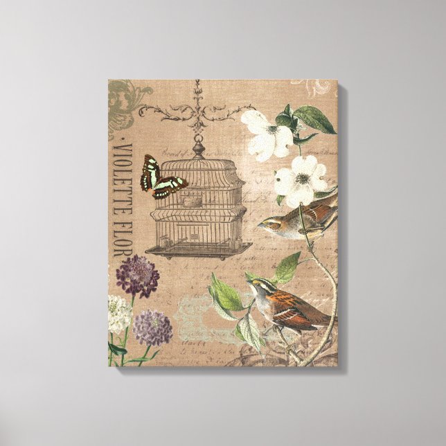 Vintage French birds and garden stretched canvas (Front)