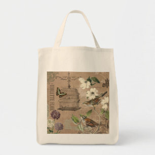 Vintage French birds and garden tote bag