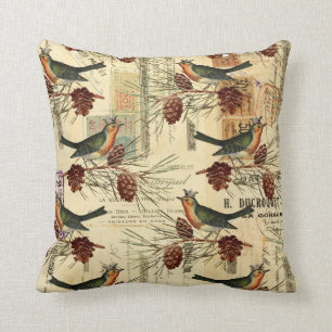 Vintage French Birds Greenery Script Stamps Cushion