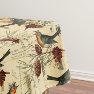Vintage French Birds Greenery Script Stamps Tablecloth