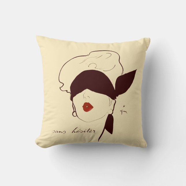 Vintage French Blindfolded Woman Rene Gruau Tan Cushion (Front)