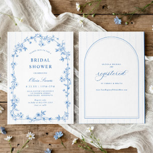 Vintage French Blue and White Floral Bridal Shower Invitation