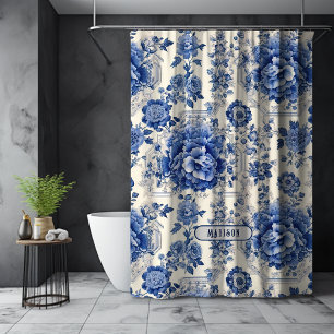 Vintage French Blue Chinoiserie Toile Monogram Shower Curtain