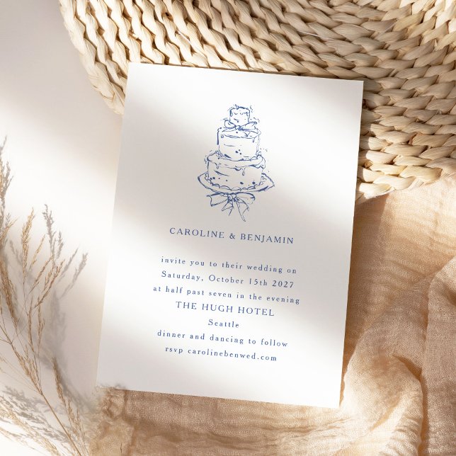 Vintage French Blue Doodle Minimalist Wedding Cake Invitation (Creator Uploaded)