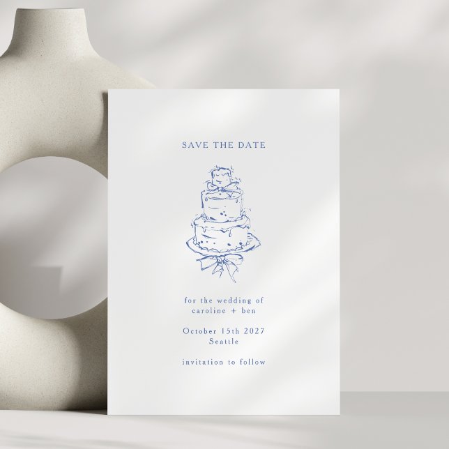 Vintage French Blue Doodle Minimalist Wedding Cake Save The Date (Creator Uploaded)