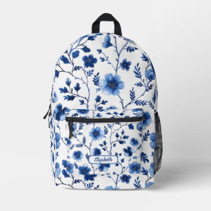 Vintage French Blue Floral Patterns Name Printed Backpack