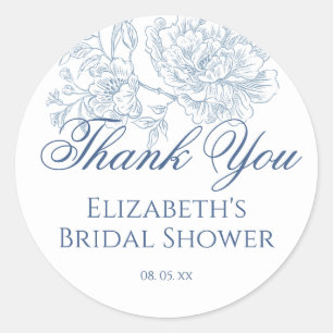 Vintage French Blue Floral Toile Script Thank You Classic Round Sticker
