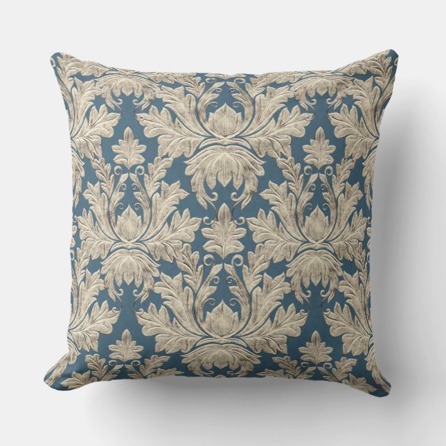 Vintage French Blue Rustic Elegant Wood Damask Cushion (Front)