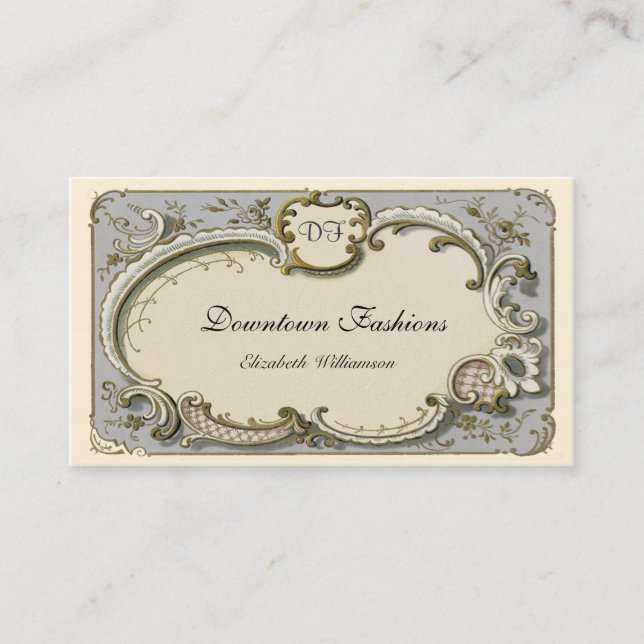 Vintage French Blue Scroll Business Card (Front)