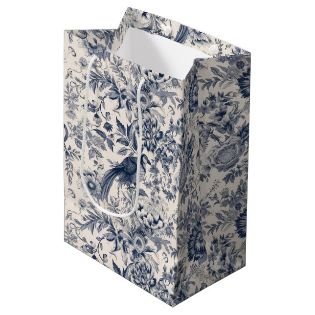 Vintage French Blue Toile Fleurie Medium Gift Bag (Front Angled)