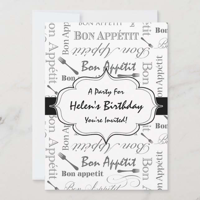 Vintage French Bon Appetit Black and White Invitation (Front)