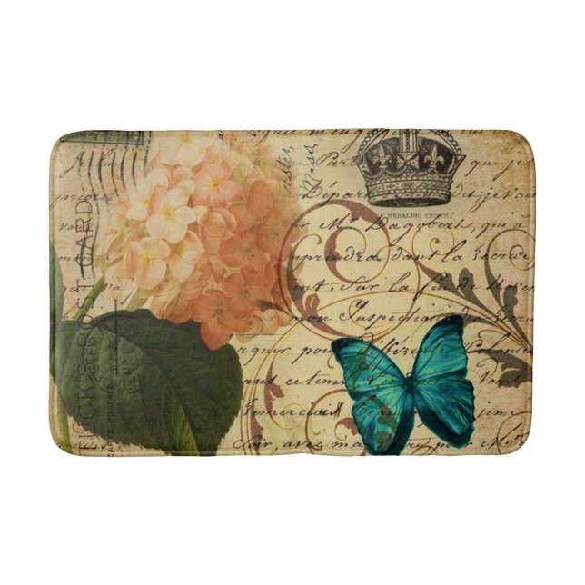vintage French botanical art butterfly hydrangea Bath Mat (Front)