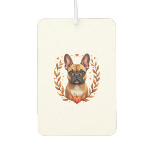 Vintage French Bulldog with Autumn Leaf Wreath and Car Air Freshener