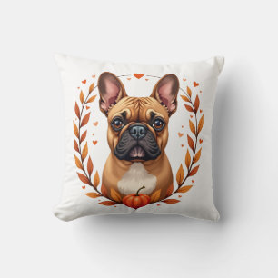 Vintage French Bulldog with Autumn Leaf Wreath and Cushion